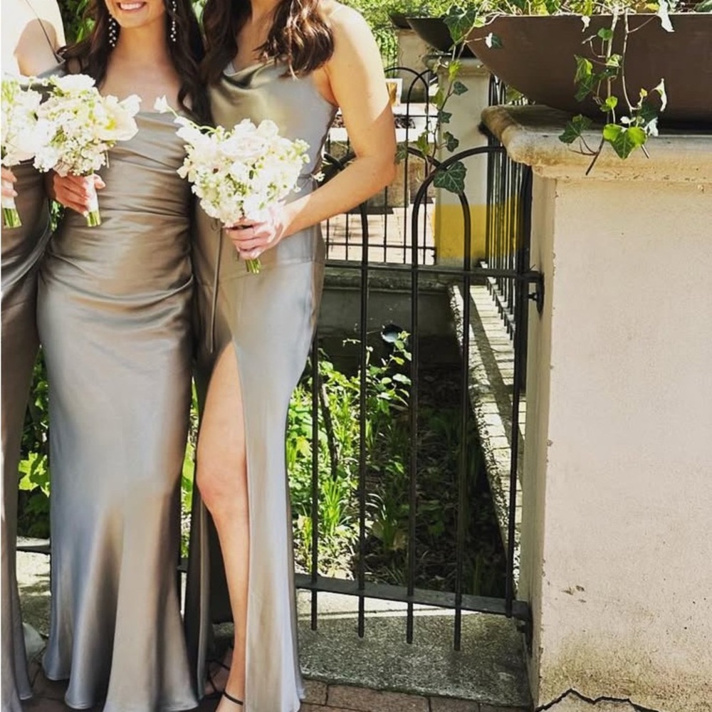 Shona Joy Gray Sleeveless Cowl Neck Wedding Gown